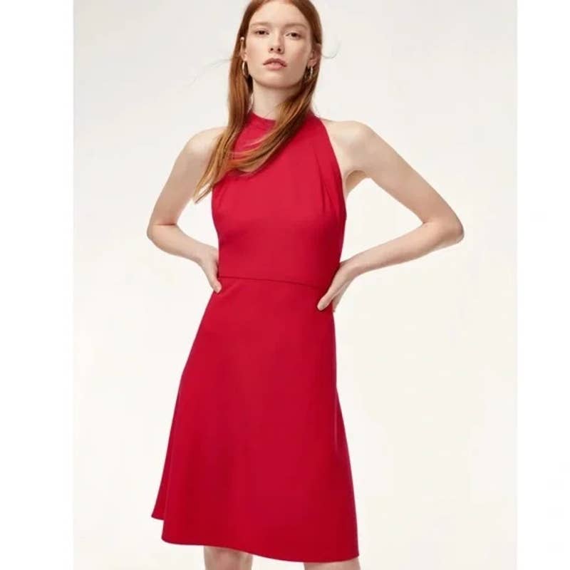 Aritzia Babaton Petros High Neck Tie Back A Line Flare Skirt Dress Red 8
