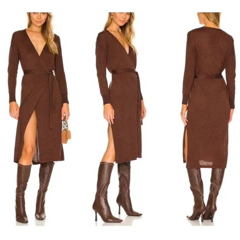 Lovers and Friends Azita Wrap Long Sleeve Dress Chocolate Brown XL
