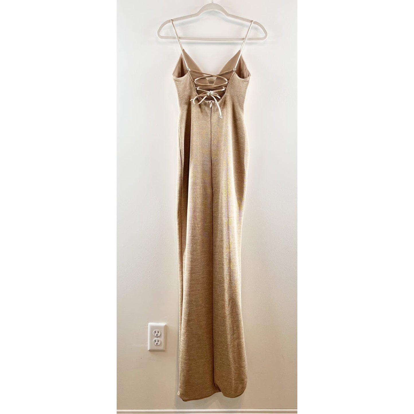 Nookie Aura Maxi Metallic Lace Up Back Side Slit Gown Dress Light Gold Medium