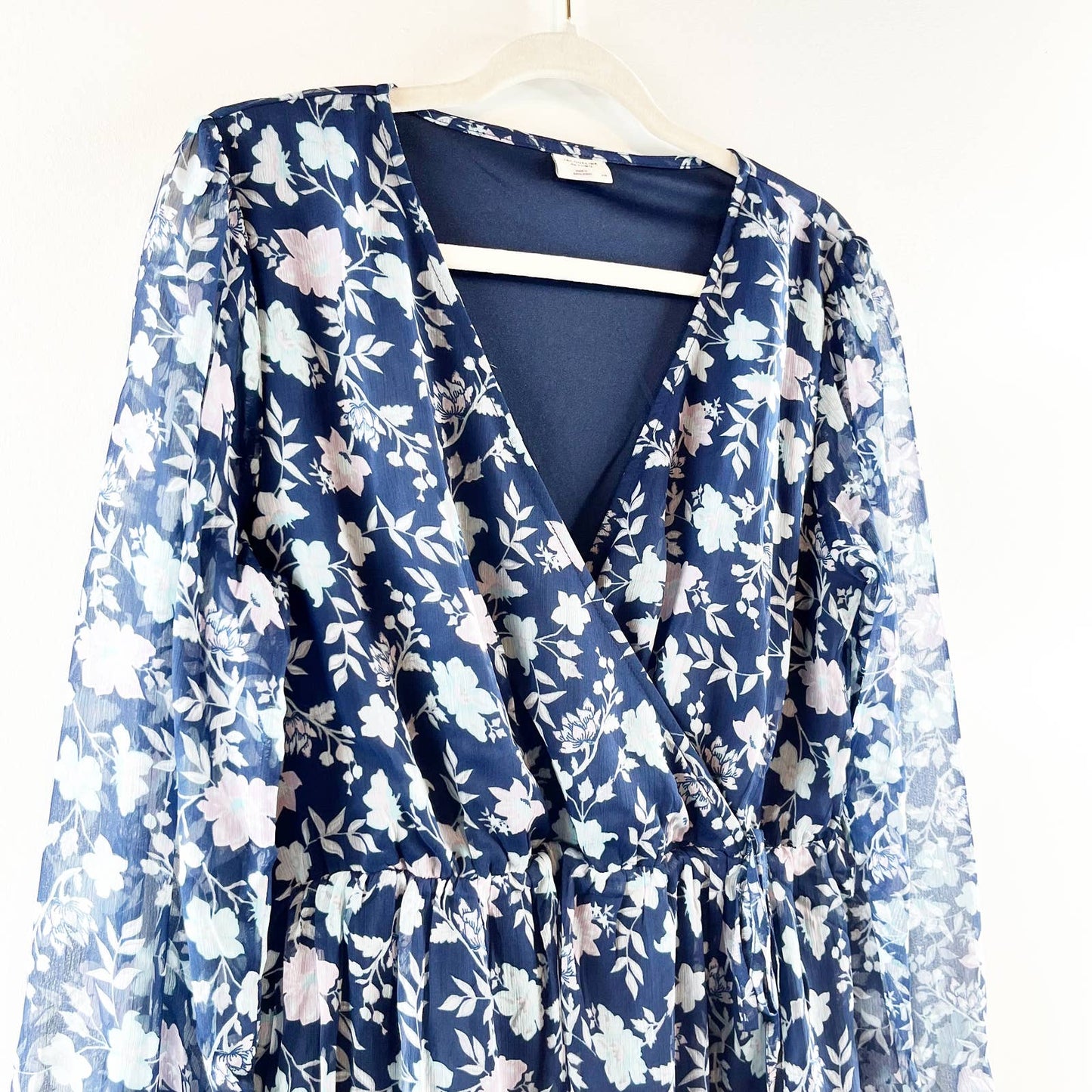 JDY Alice Penelope Woven Floral Print Long Sleeve Wrap Tie Mini Dress in Navy 40