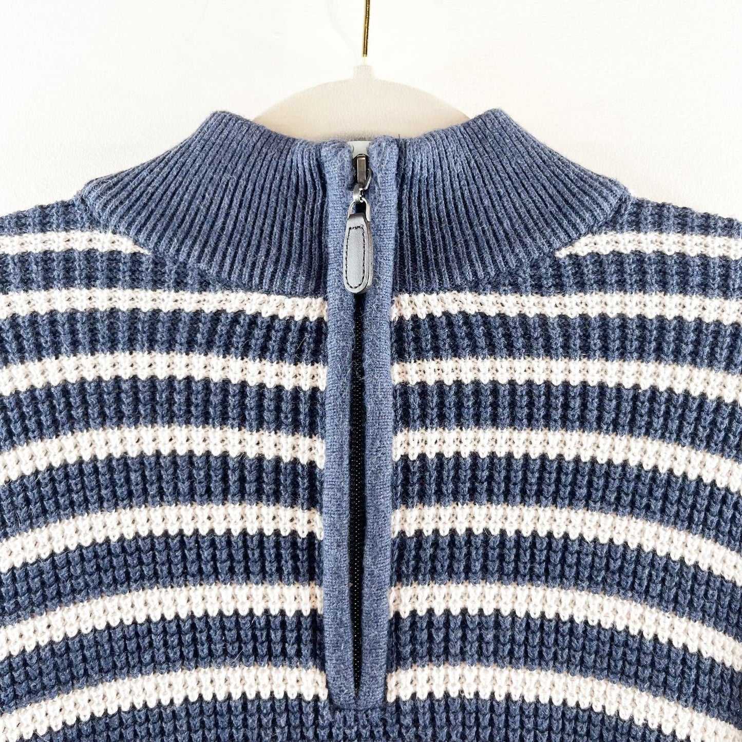 L.L. Bean Striped Cotton Cashmere 1/4 Zip Pullover Sweater Navy Blue Medium Tall