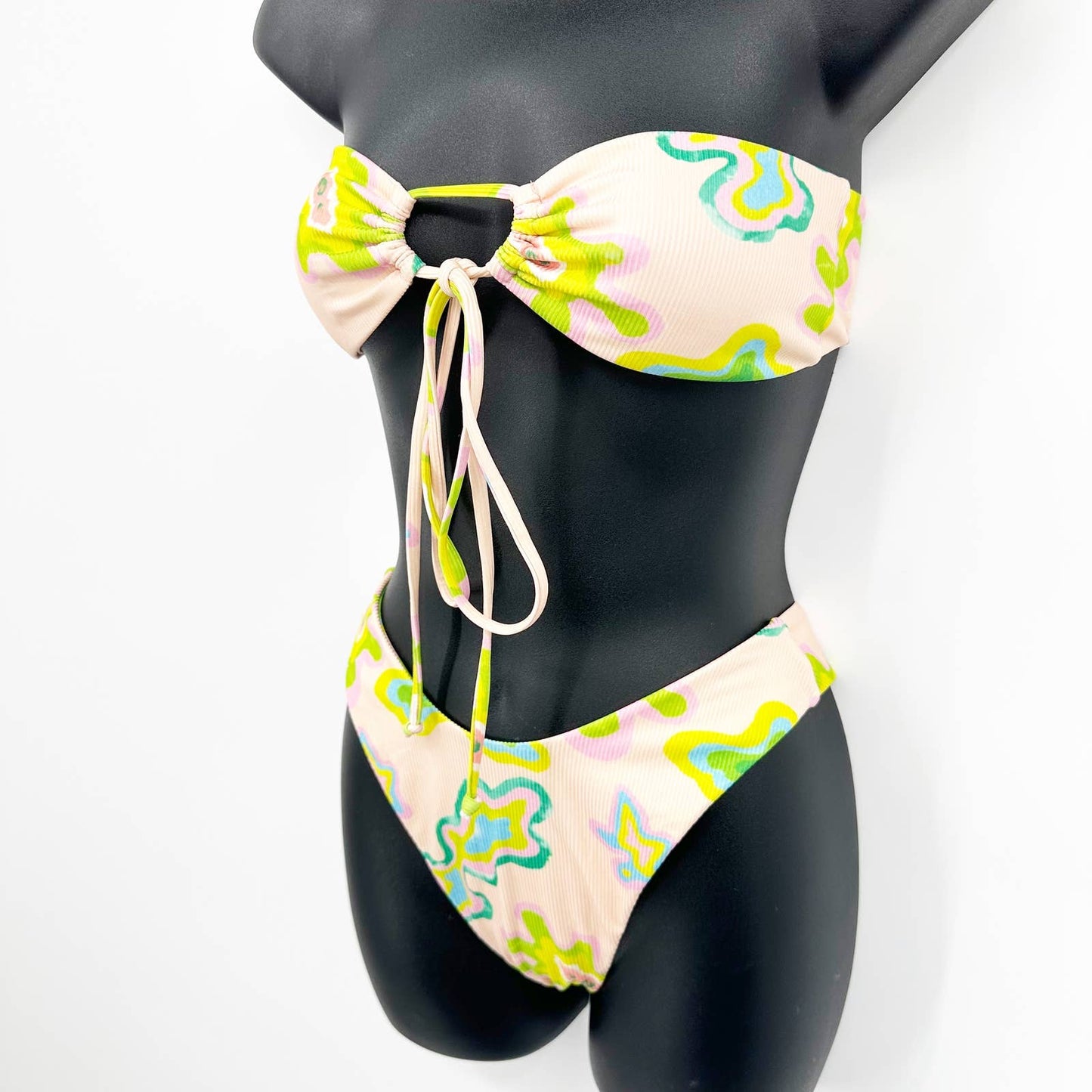 Zaful Ribbed Bandeau Tie Front Cheeky Floral Bikini Swimsuit Pink Green Small