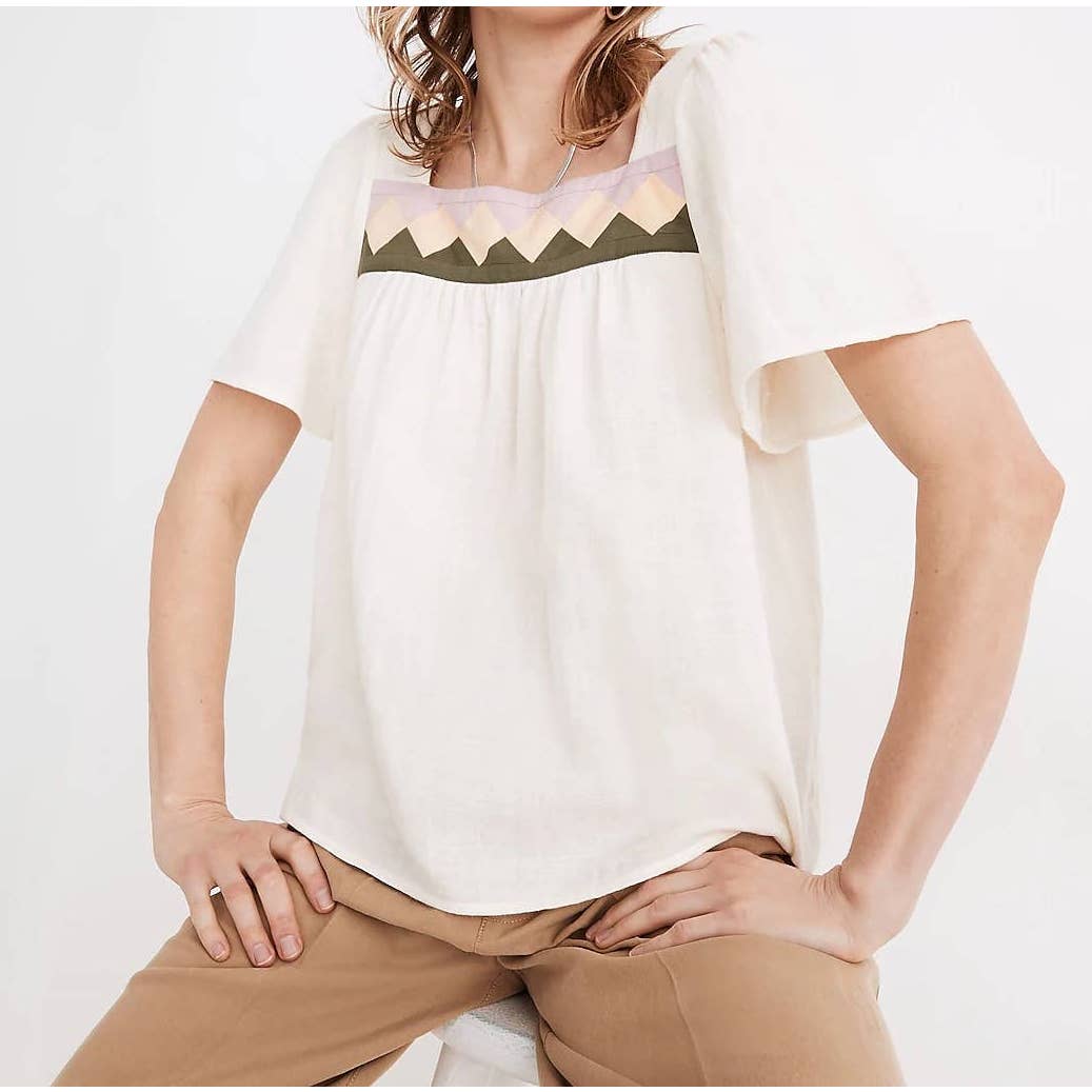 Madewell Short Flutter Sleeve Patchwork Square-Neck Blouse Top Cream Small
