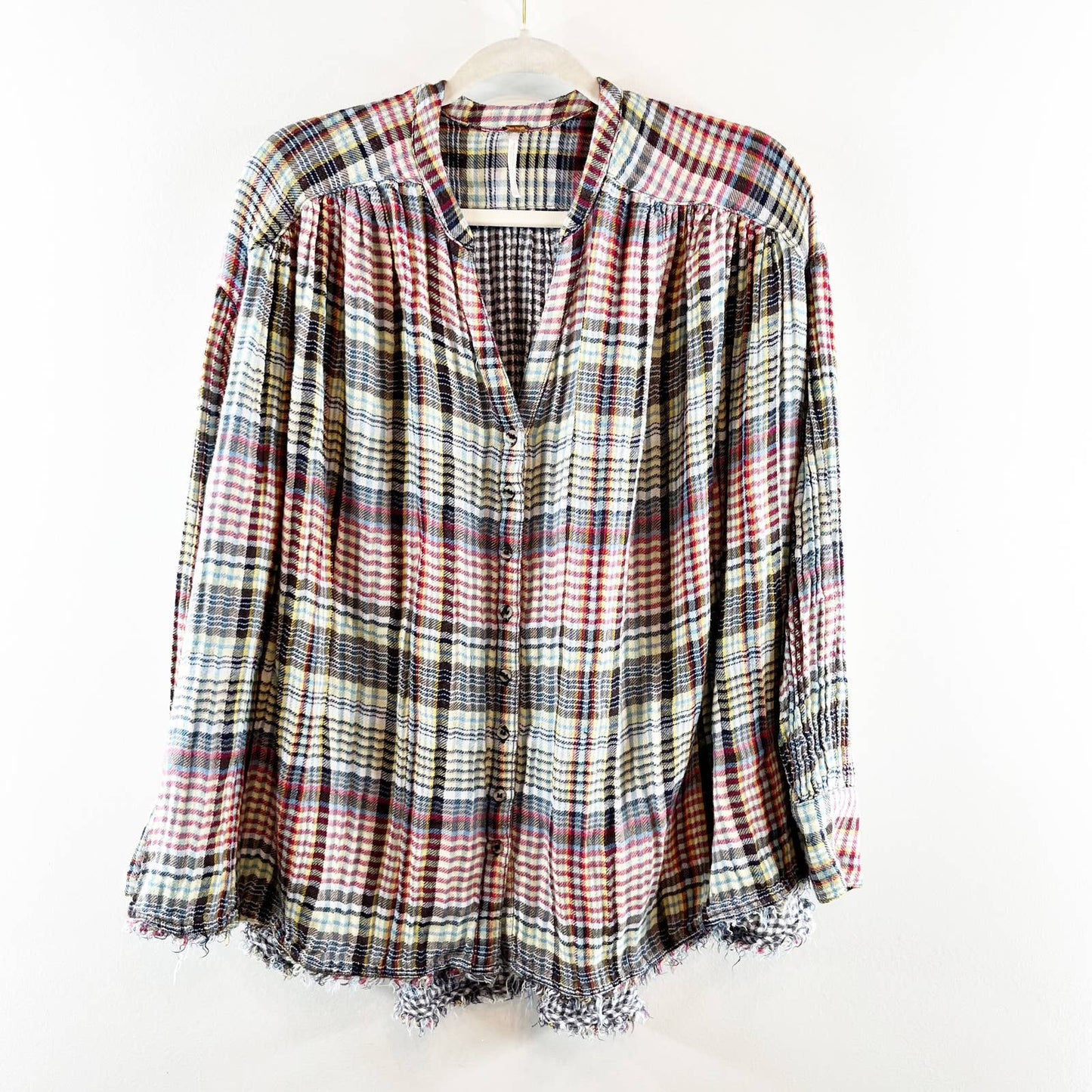 Free People Come On Over Plaid Oversized Flannel Top Shirt Pink Gray XS