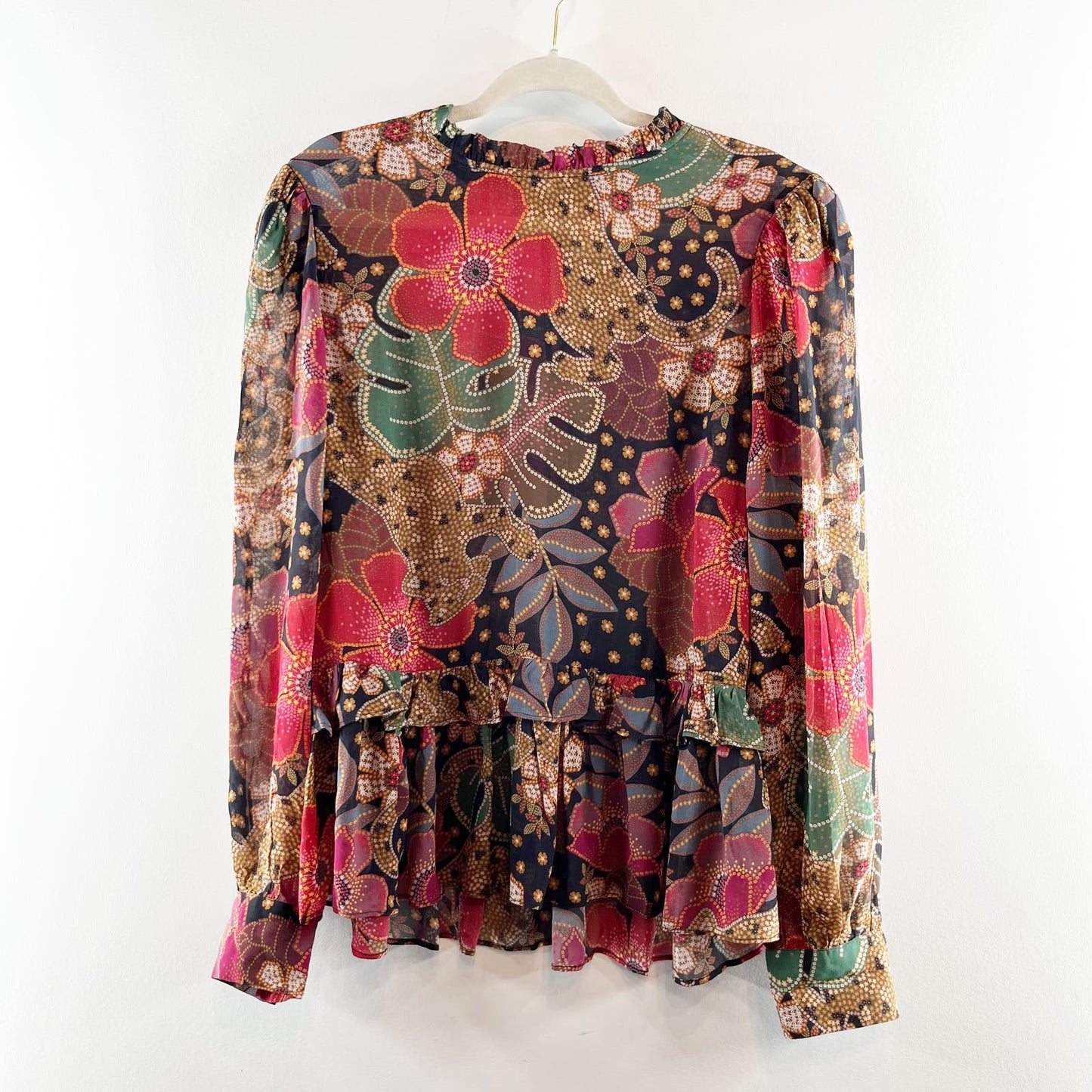 Anthropologie Farm Rio Floral Alessia Ruffle Blouse Top Red Large