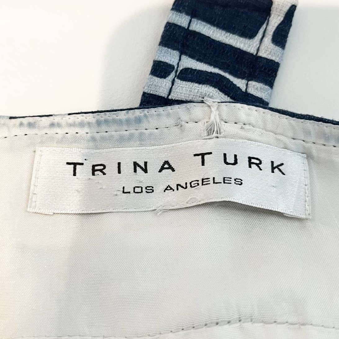 Trina Turk Cotton Mini Notched V Square Neck Geometric Dress Blue White Small
