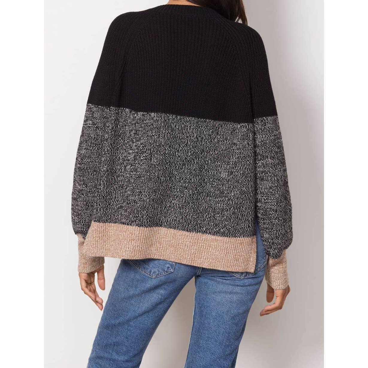 French Connection Lottie Colorblock Long Sleeve Pullover Sweater Black/Gray XS