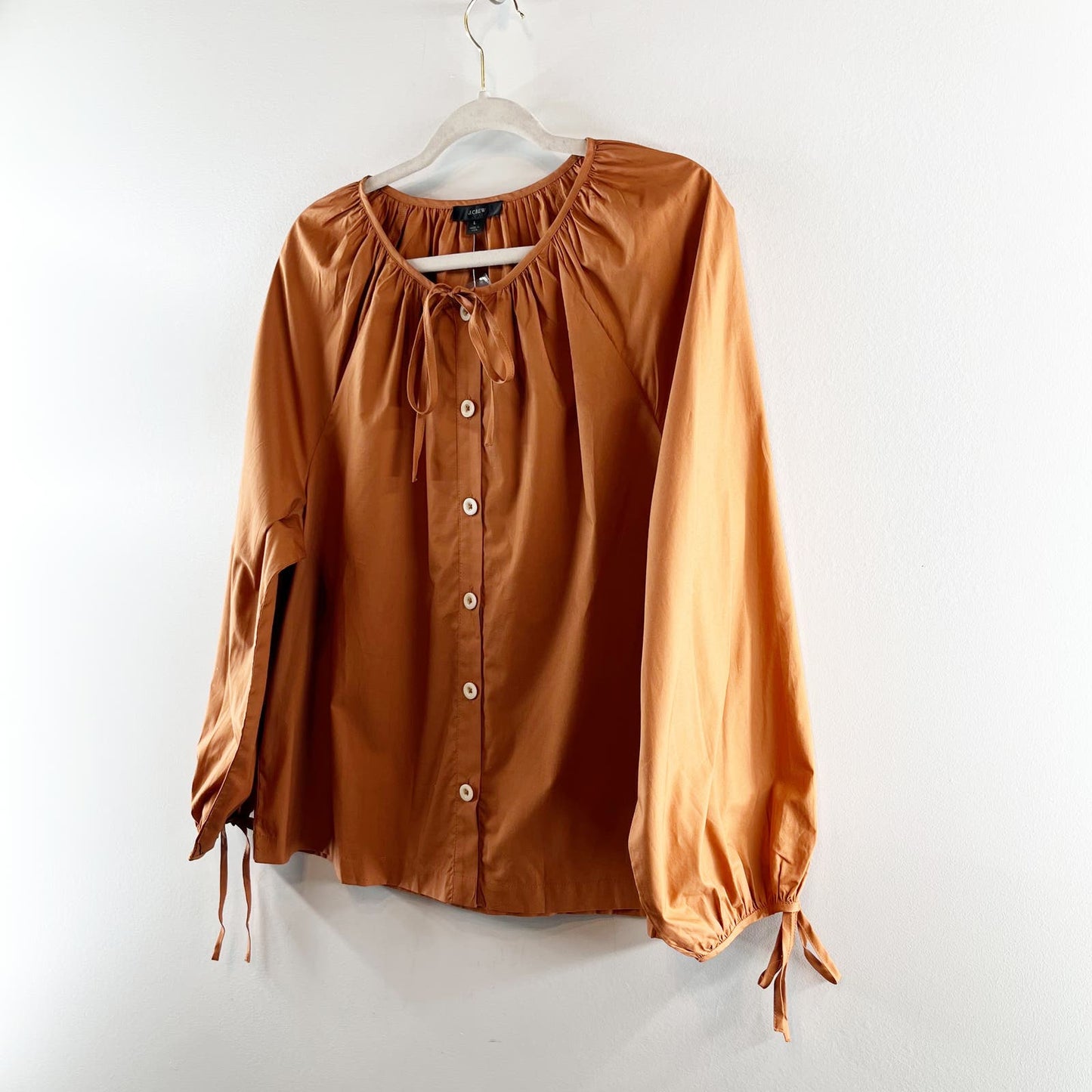 J. Crew Long Tie Sleeve Cotton Button Up Poplin Top Blouse Brown Large