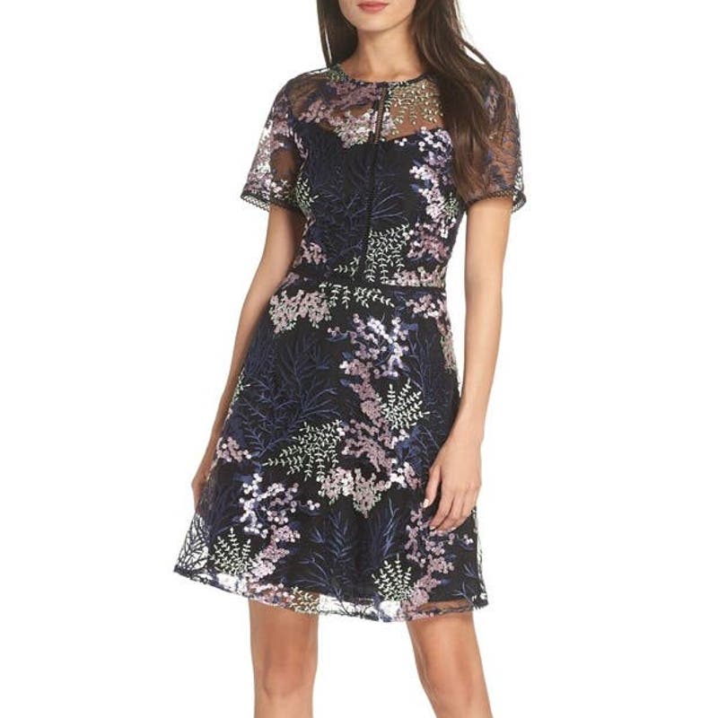 Chelsea28 Floral Embroidered Short Sleeve Lace A-Line Mini Dress Navy Medium
