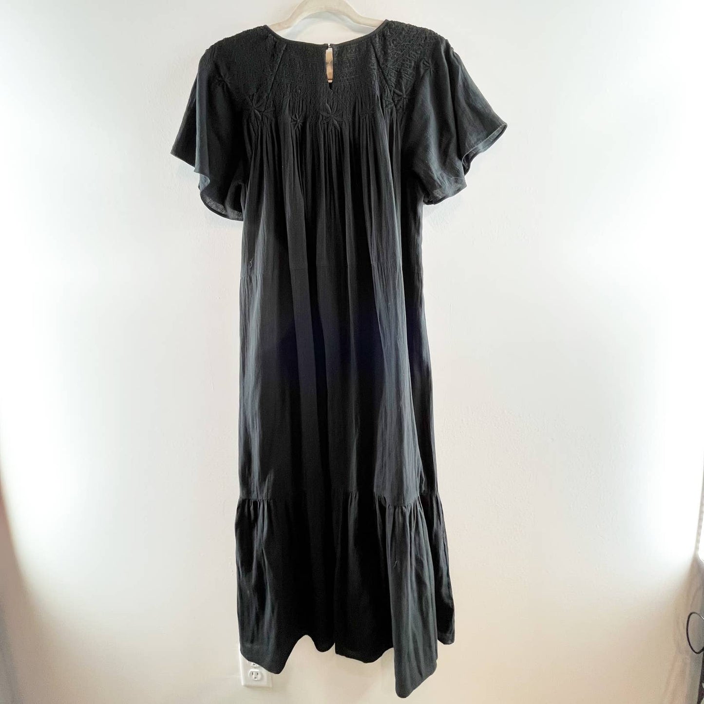 Madewell Puff-Sleeve Cotton Embroidered Smocked Midi Dress Black Small