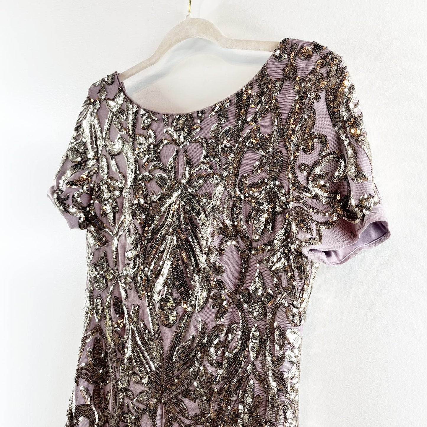 R&M Richards Sequin Short Sleeve Beaded Mini Dress Silver Purple 6