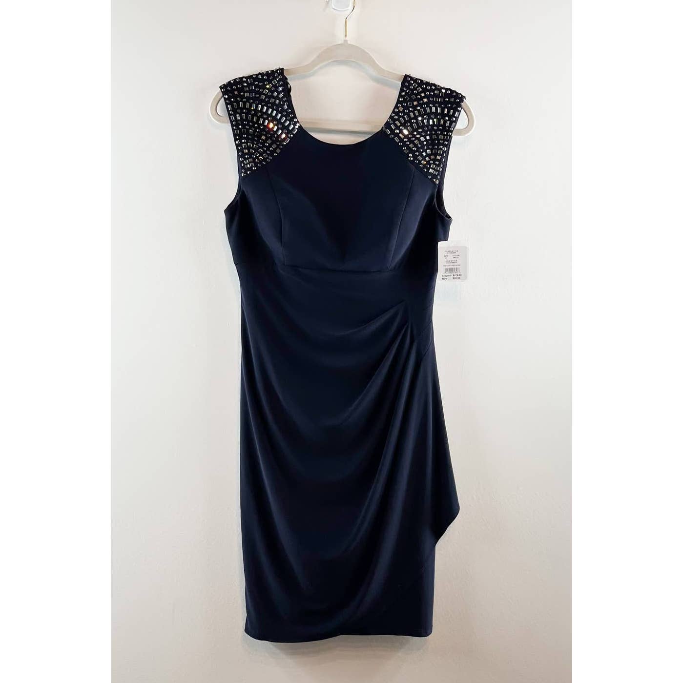 Xscape Cap Sleeve Dazzling Glass Beaded Shoulders Ruched Jersey Dress Navy 8