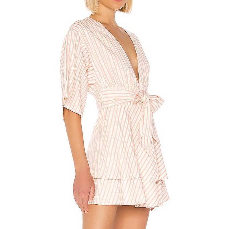 Lovers + Friends Hazen Striped Plunging V-Neck Belted Mini Dress Pink / White M