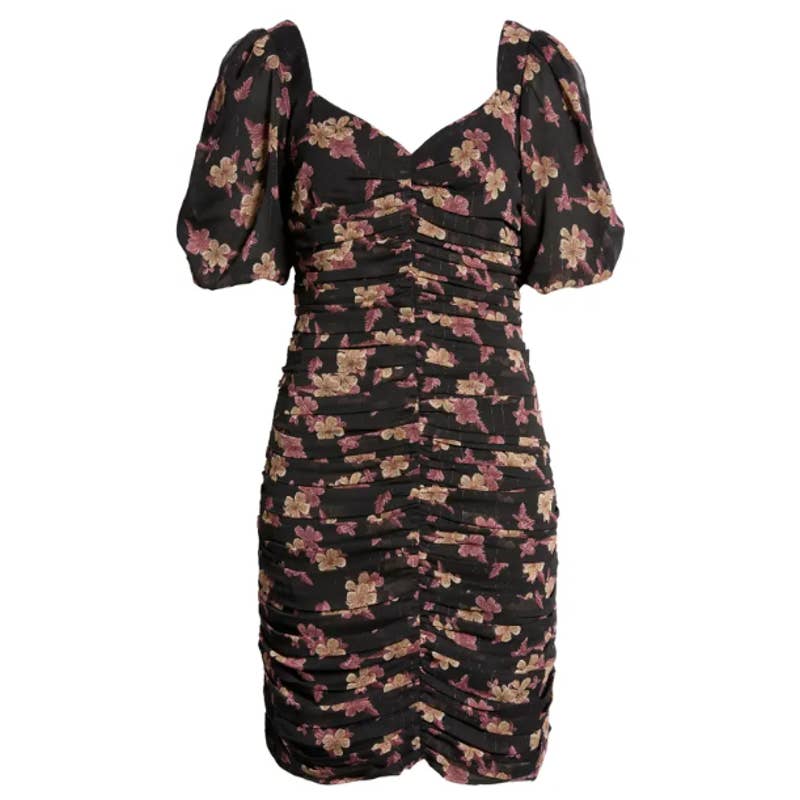 Open Edit Floral Print Ruched Charming Puff Sleeve Mini Dress Black Large