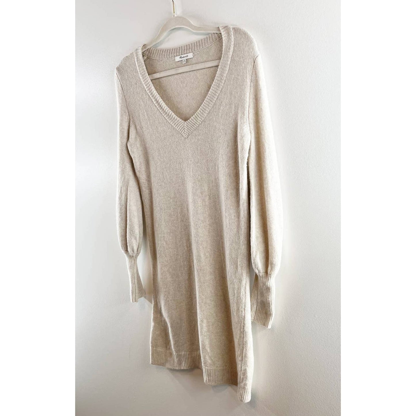Madewell Wool Blend V-Neck Bubble-Sleeve Sweater Mini Dress Tan XS