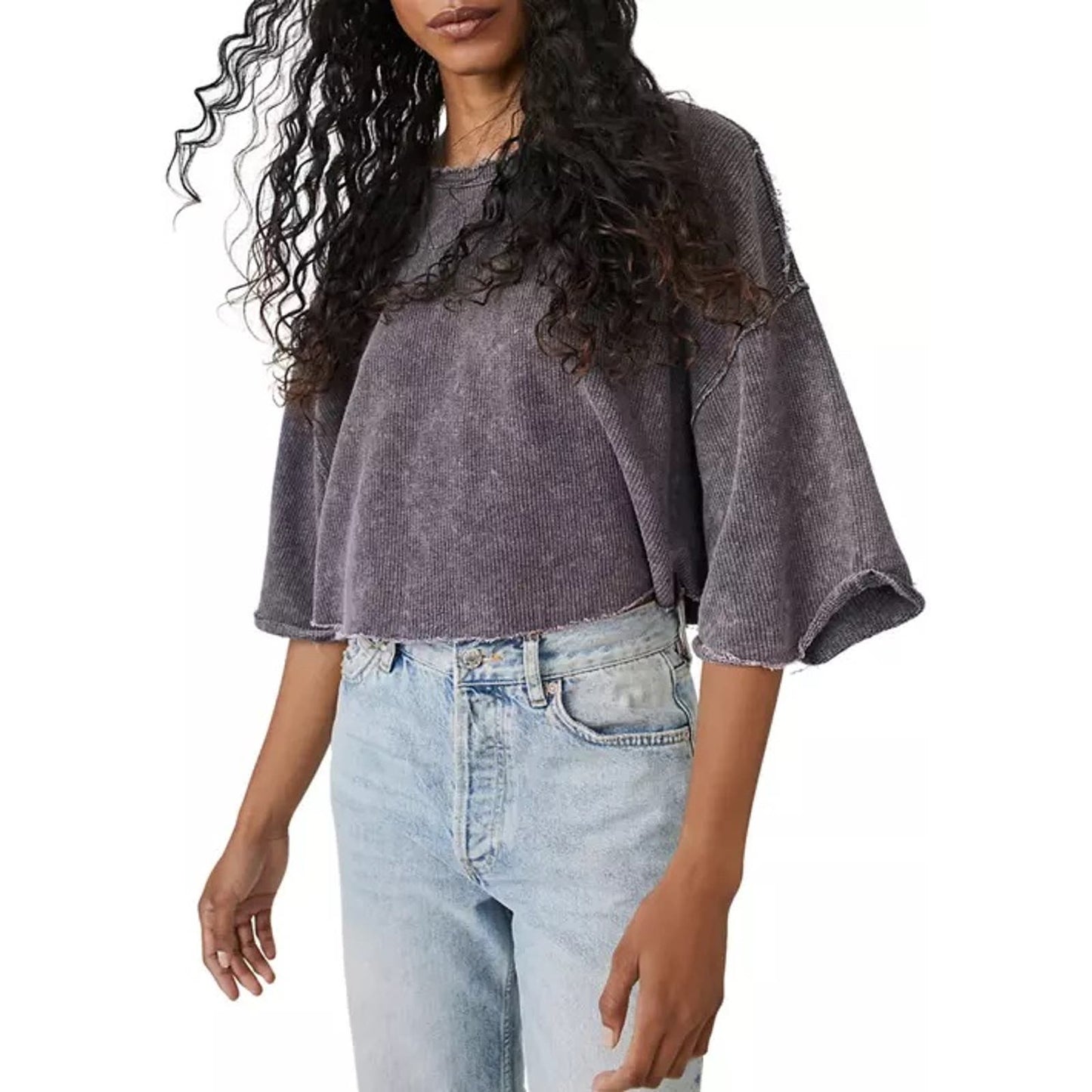 Free People Off My Mind Cropped Waffle Thermal Raw Hem T-Shirt Tee Gray Medium