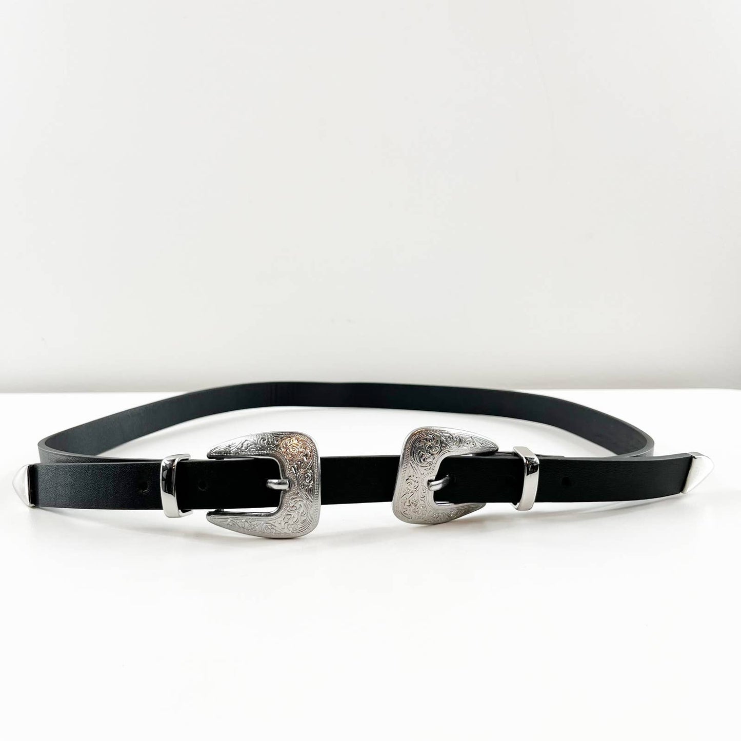 Western Gaucho Faux Leather Double Buckle Waist Belt Black/Silver One size