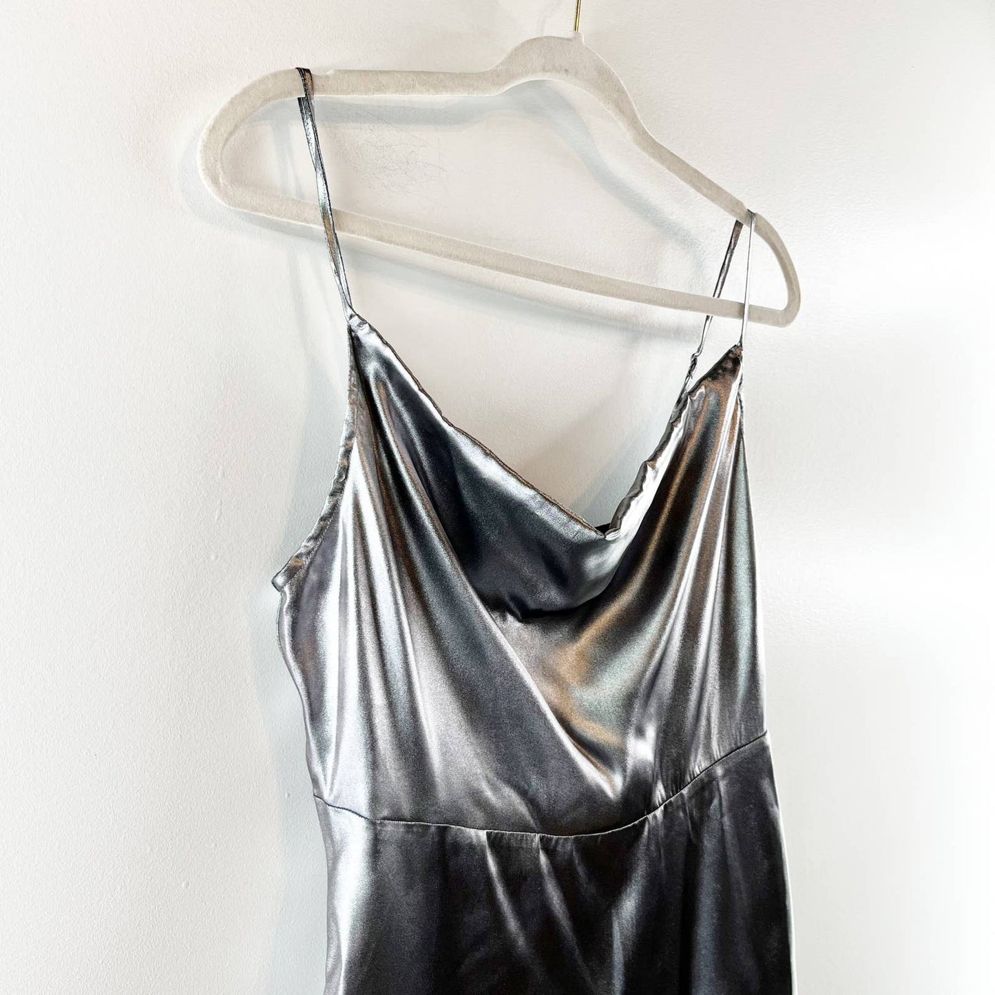 Urban Outfitters Mallory Metallic Asymmetrical Cowl Neck Slip Dress Silver M NWT