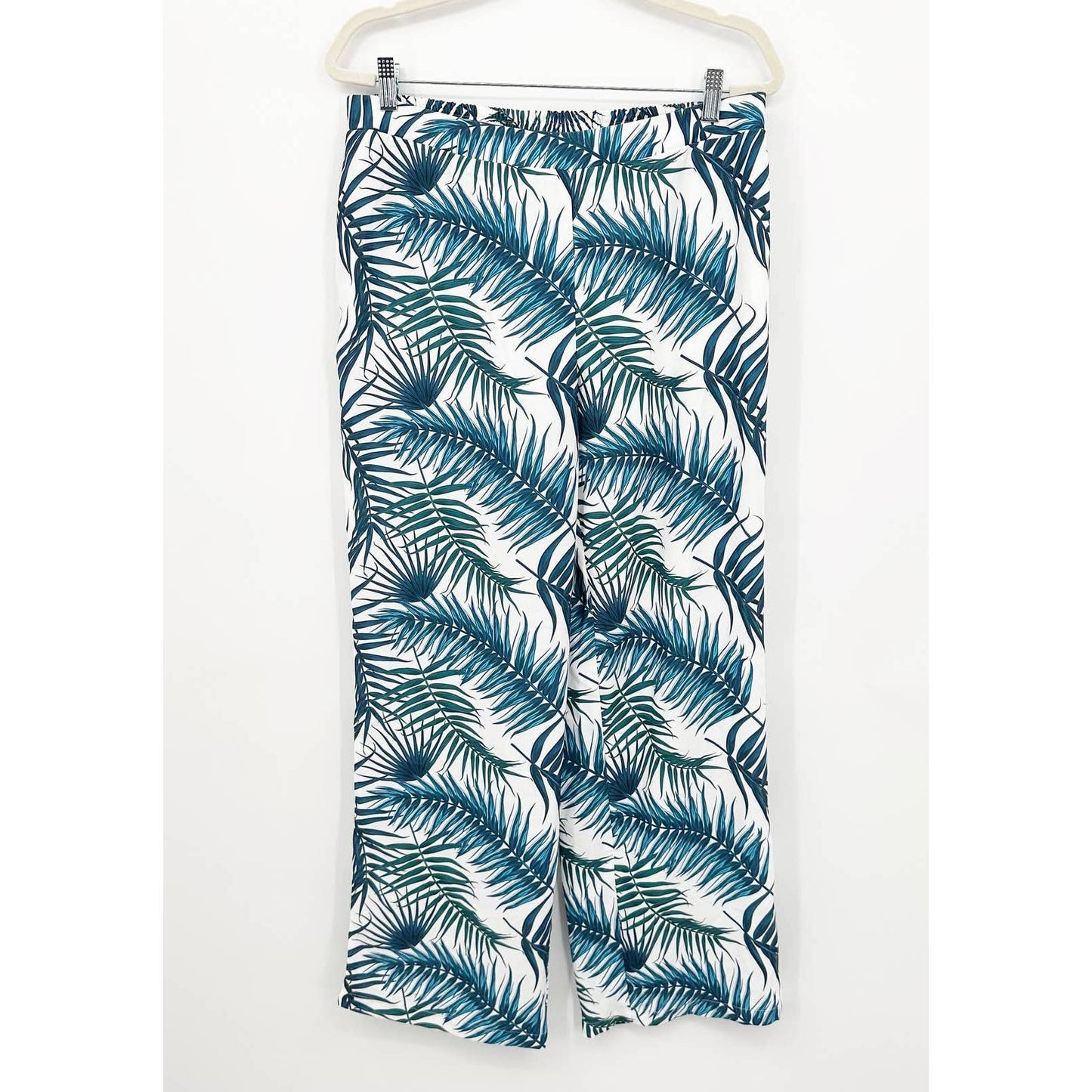 Masseys Wide Leg High Rise Tropical Palm Leaf Print Pants Blue Green XL
