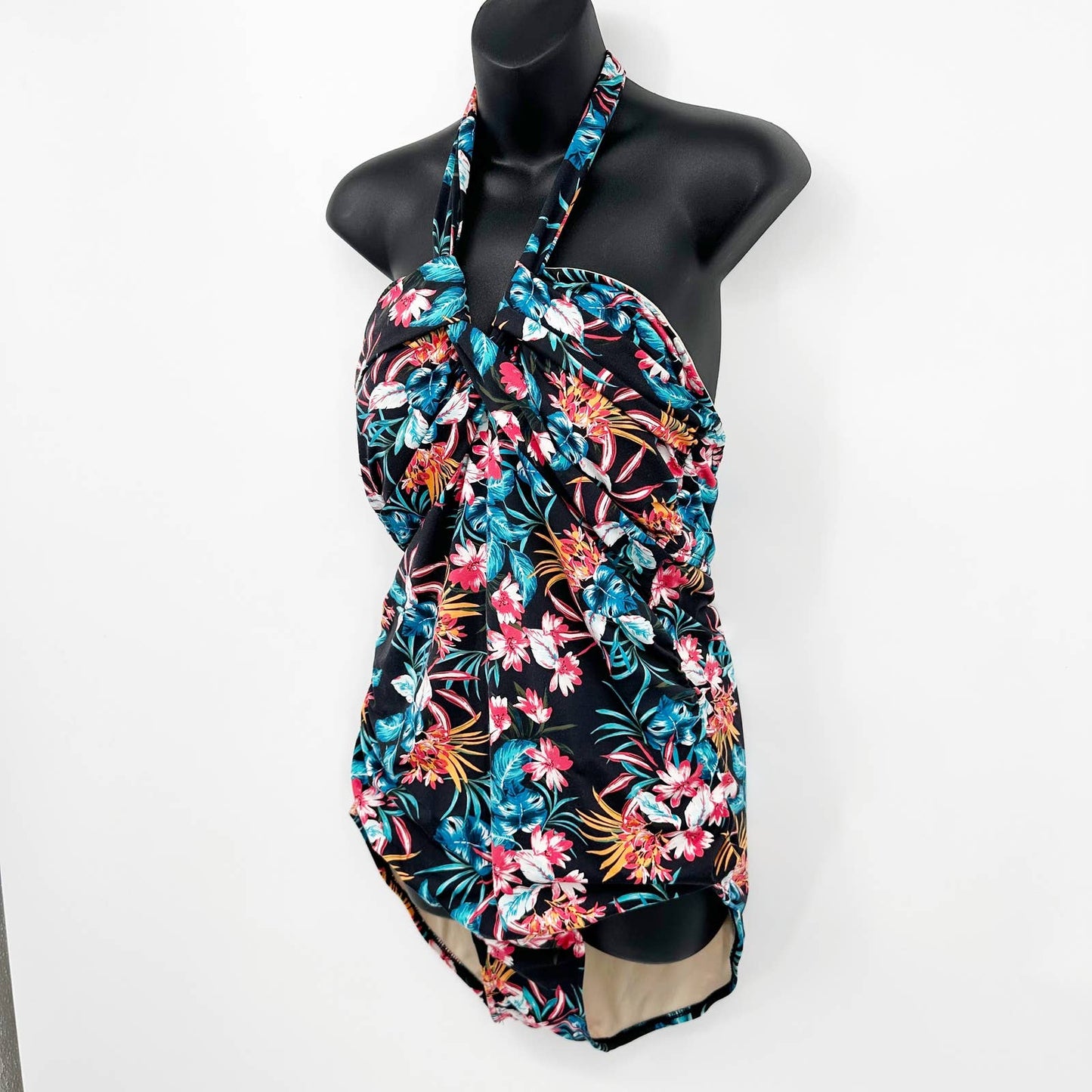 Merona Halter Tropical Floral One Piece Bathing Suit Swim Black Blue XL