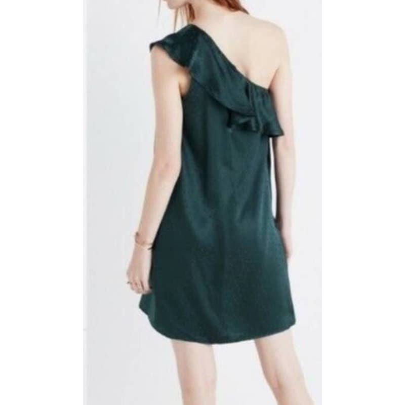 Madewell Silk Dancefloor One Shoulder Ruffle Dot Mini Dress Green 2