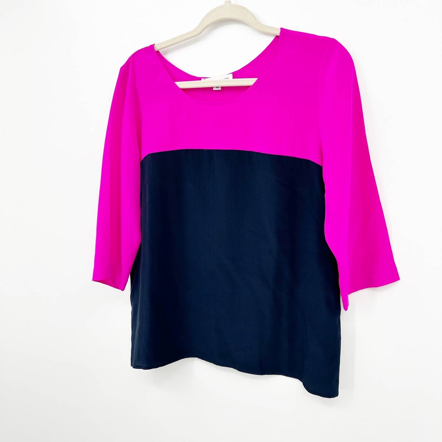 Amanda Uprichard Colorblock 3/4 Sleeve Silk Blouse Top Pink Blue Medium