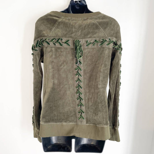 Pam & Gela Lace Up Back Velvet Velour Pullover Sweatshirt Green Small